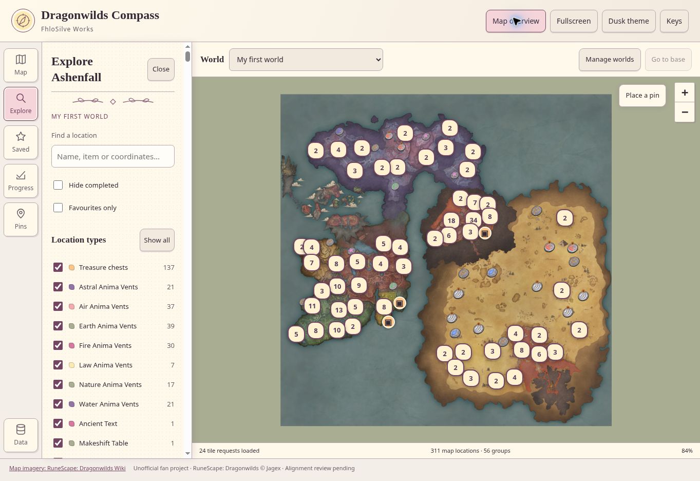 Dragonwilds Compass map with location filters and world controls