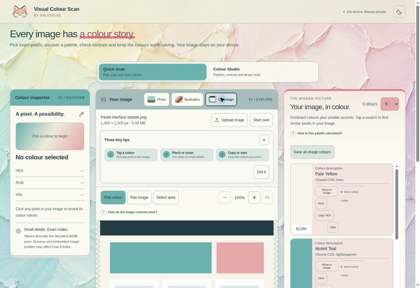 Visual Colour Scan interface with colour inspector and palette